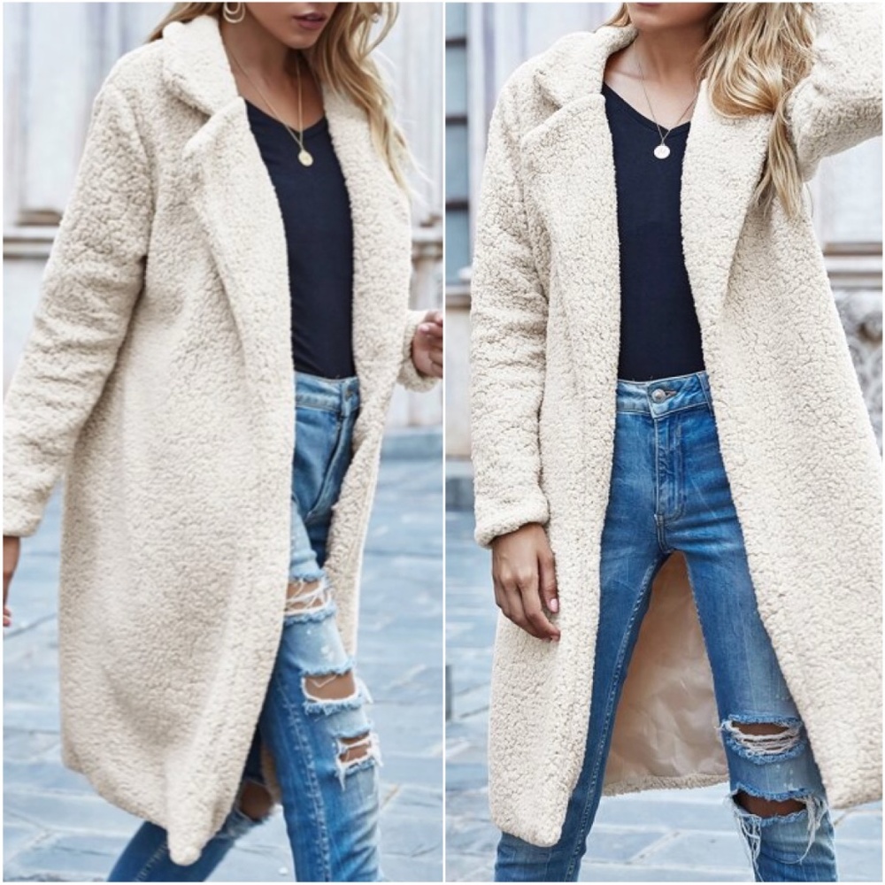 Cream long teddy jacket coat Trench Coat Casual Minimalist Oversized